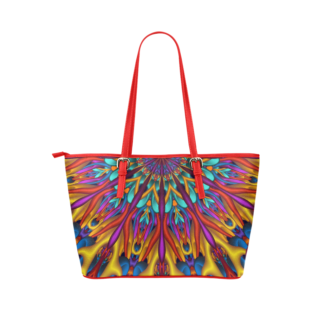 Amazing colors fractal mandala Red Strap Half Version Leather Tote Bag/Small (Model 1651)