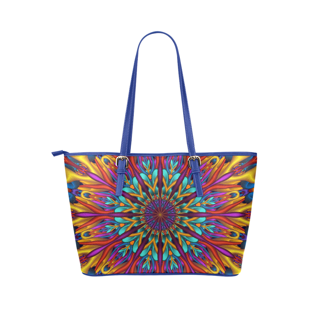Amazing colors fractal mandala Blue Strap Version Leather Tote Bag/Large (Model 1651)