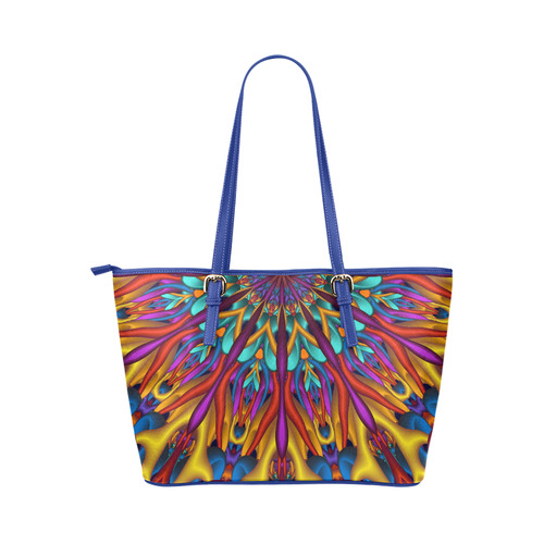 Amazing colors fractal mandala Blue Strap Half Version Leather Tote Bag/Large (Model 1651)