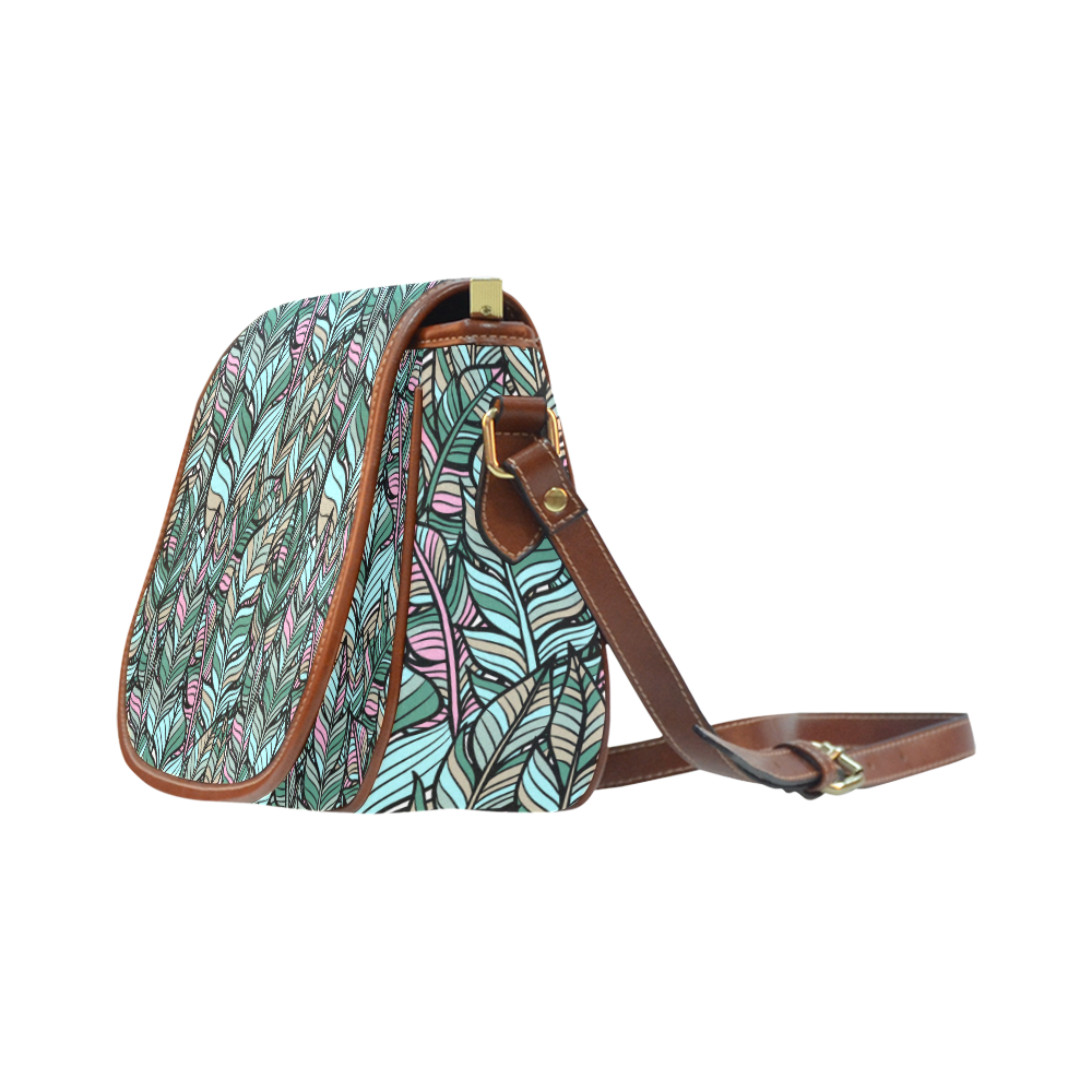 Boho Feathers Green Aqua Pink Saddle Bag/Small (Model 1649) Full Customization