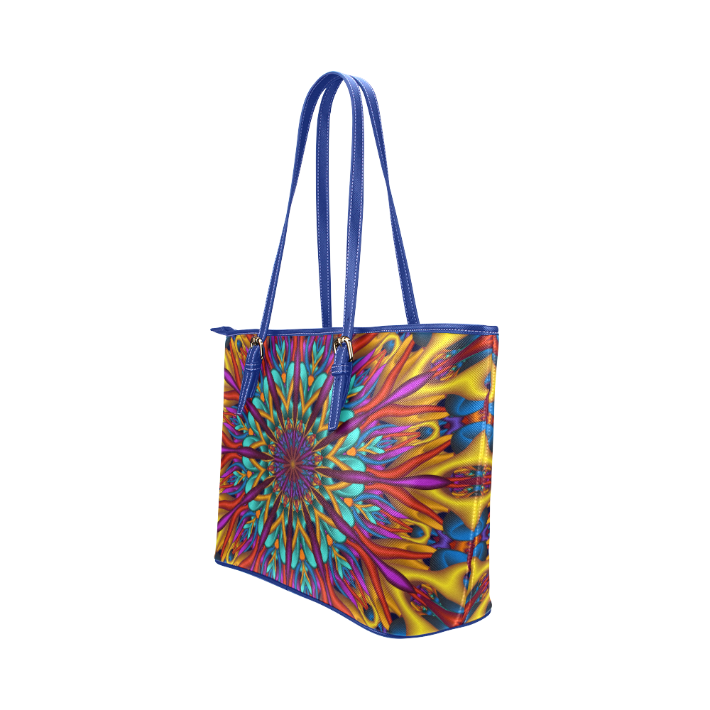 Amazing colors fractal mandala Blue Strap Version Leather Tote Bag/Small (Model 1651)
