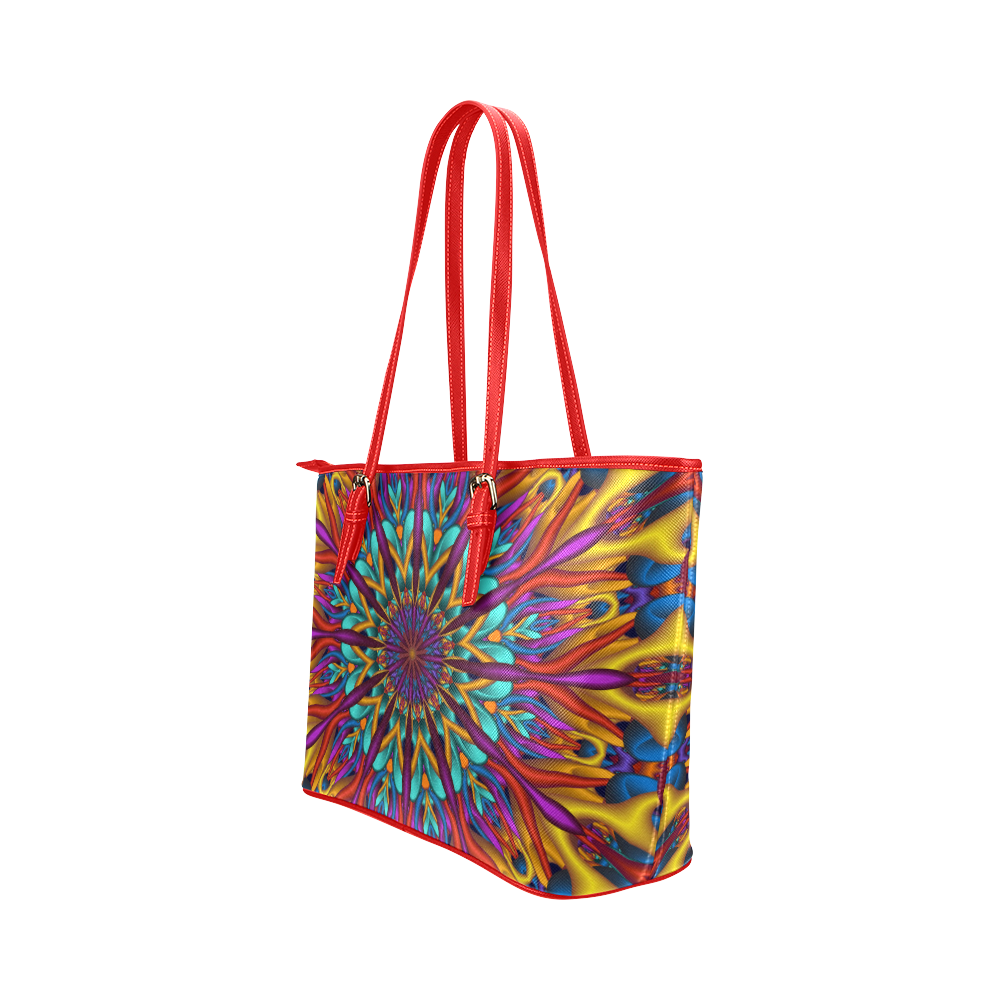 Amazing colors fractal mandala Red Strap Version Leather Tote Bag/Large (Model 1651)