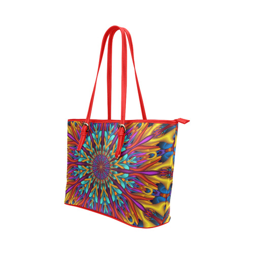 Amazing colors fractal mandala Red Strap Version Leather Tote Bag/Small (Model 1651)