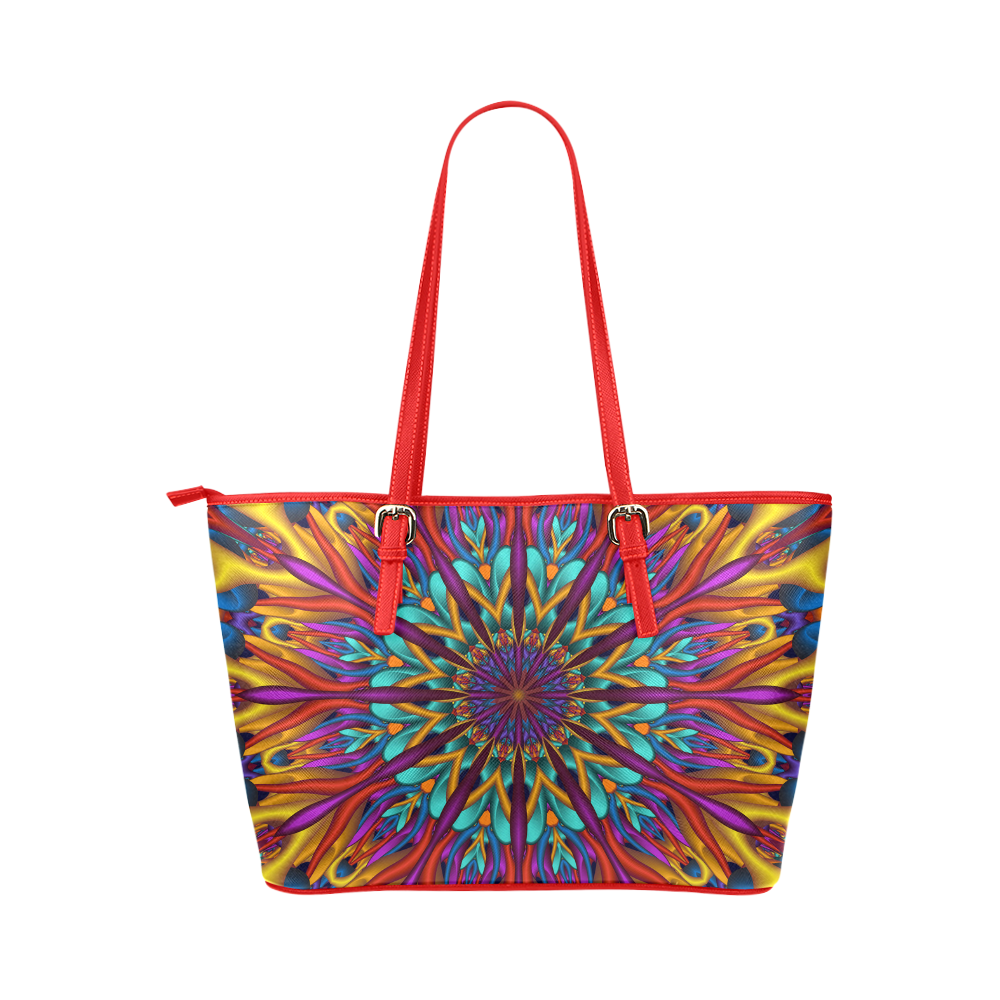 Amazing colors fractal mandala Red Strap Version Leather Tote Bag/Small (Model 1651)