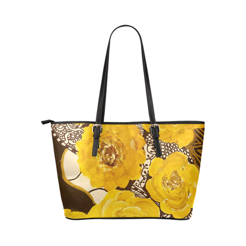 Yellow Rose Zentangle LB Leather Tote Bag/Large (Model 1651)