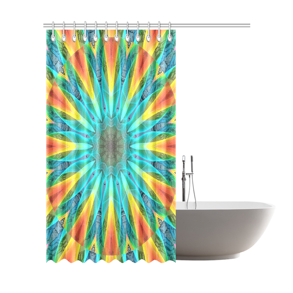 Aqua Gold Joy to the World Flowers, Zen Rainbow Shower Curtain 72"x84"