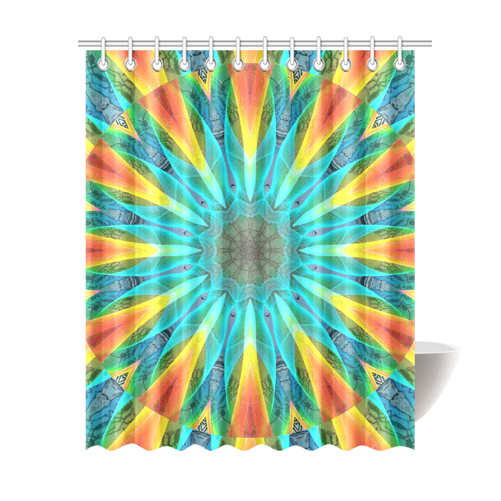 Aqua Gold Joy to the World Flowers, Zen Rainbow Shower Curtain 69"x84"