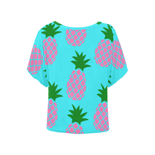 Pink teal pineapple print Women's Batwing-Sleeved Blouse T shirt (Model T44)