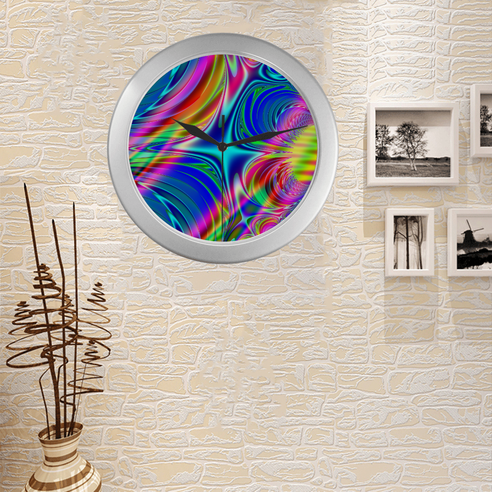 Rainbow Splash Fractal Silver Color Wall Clock