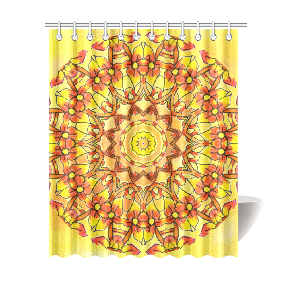 Orange Yellow Sunflower Mandala Red Zendoodle Shower Curtain 69"x84"