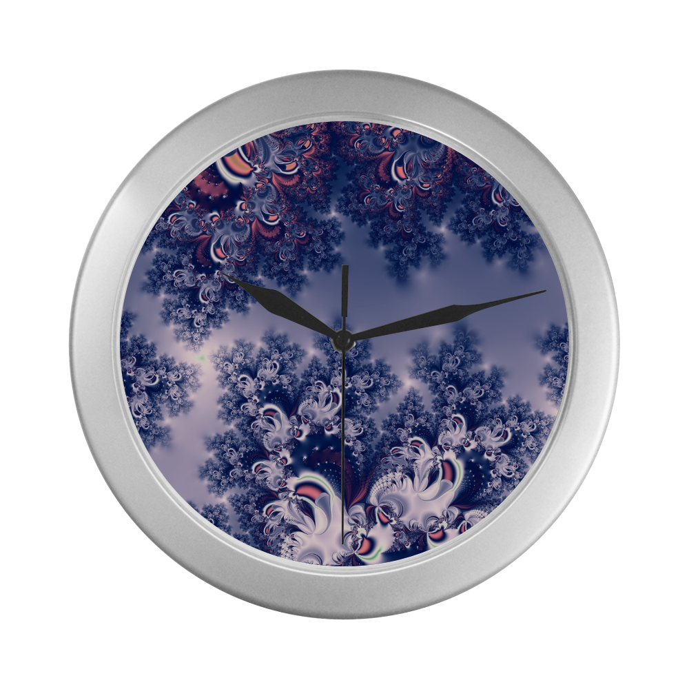 Purple Frost Fractal Silver Color Wall Clock