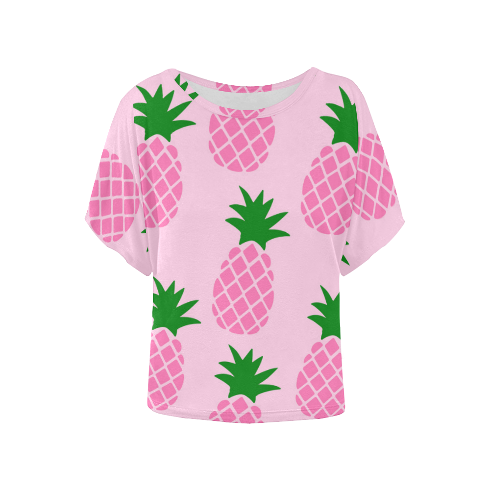 Pink Pineapple Print Women's Batwing-Sleeved Blouse T shirt (Model T44)