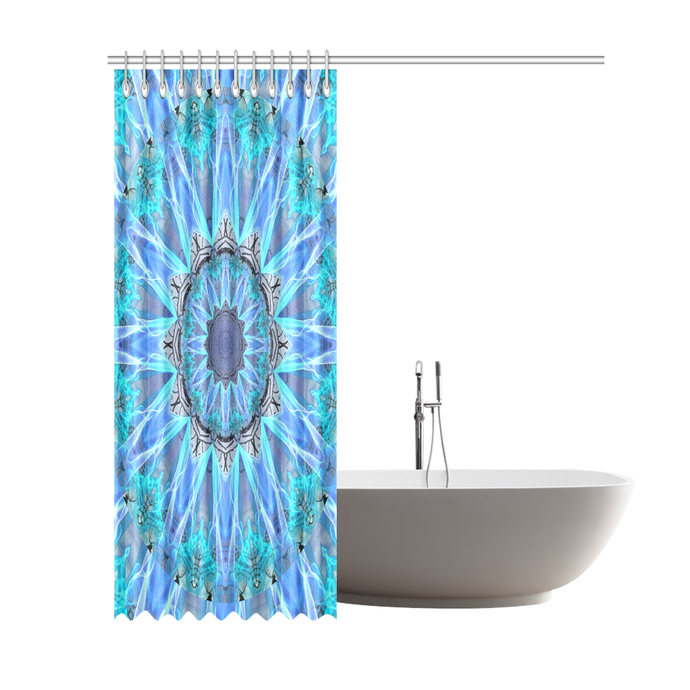 Sapphire Ice Flame, Cyan Blue Crystal Wheel Shower Curtain 69"x84"