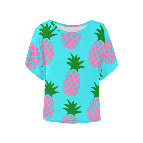 Pink teal pineapple print Women's Batwing-Sleeved Blouse T shirt (Model T44)