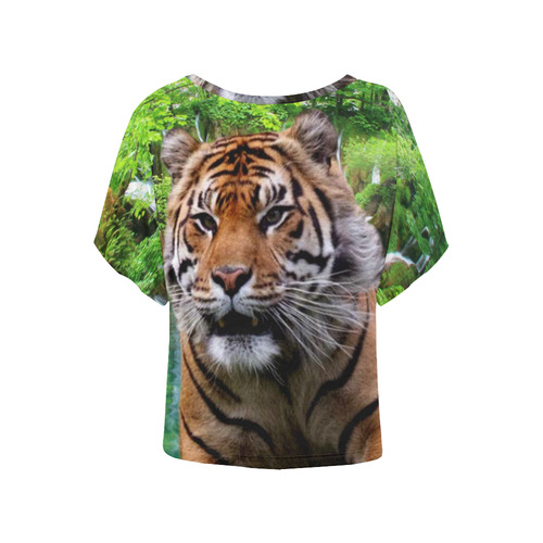 Tiger and Waterfall Women's Batwing-Sleeved Blouse T shirt (Model T44)