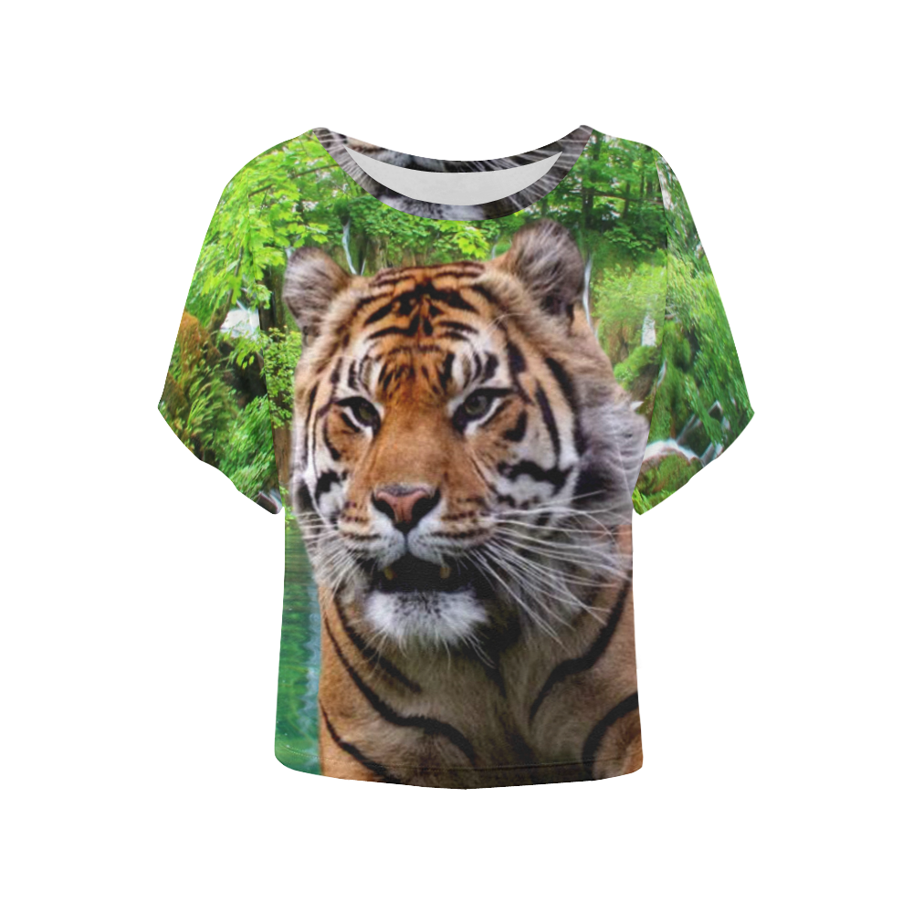 Tiger and Waterfall Women's Batwing-Sleeved Blouse T shirt (Model T44)