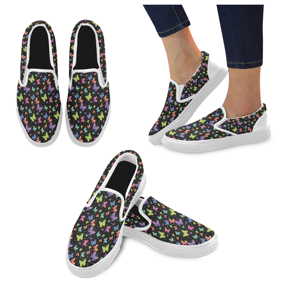 Colorful Butterflies Black Edition Women's Unusual Slip-on Canvas Shoes (Model 019)
