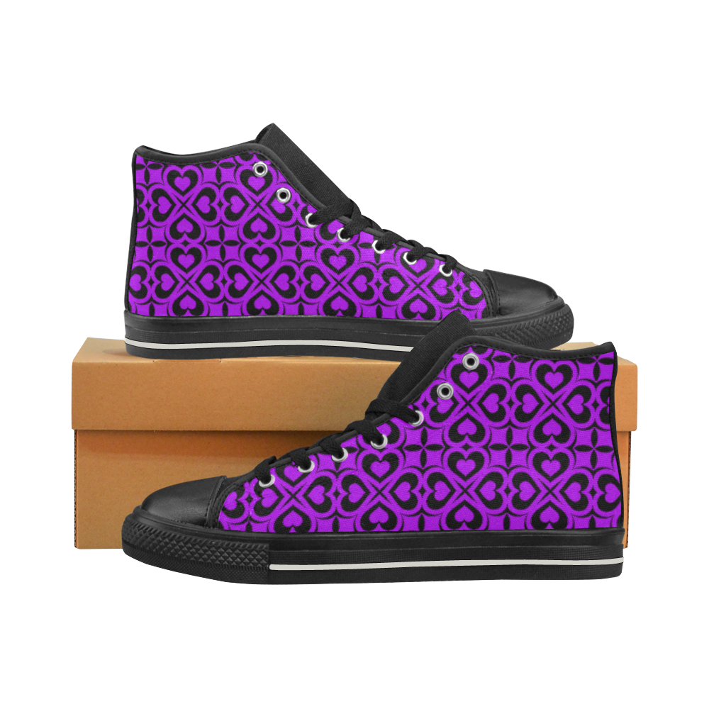 Purple Black Heart Lattice Women's Classic High Top Canvas Shoes (Model 017)
