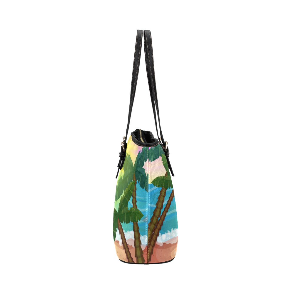 Tropical Sunset Palm Trees Beach Leather Tote Bag/Large (Model 1651)