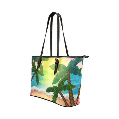 Tropical Sunset Palm Trees Beach Leather Tote Bag/Small (Model 1651)