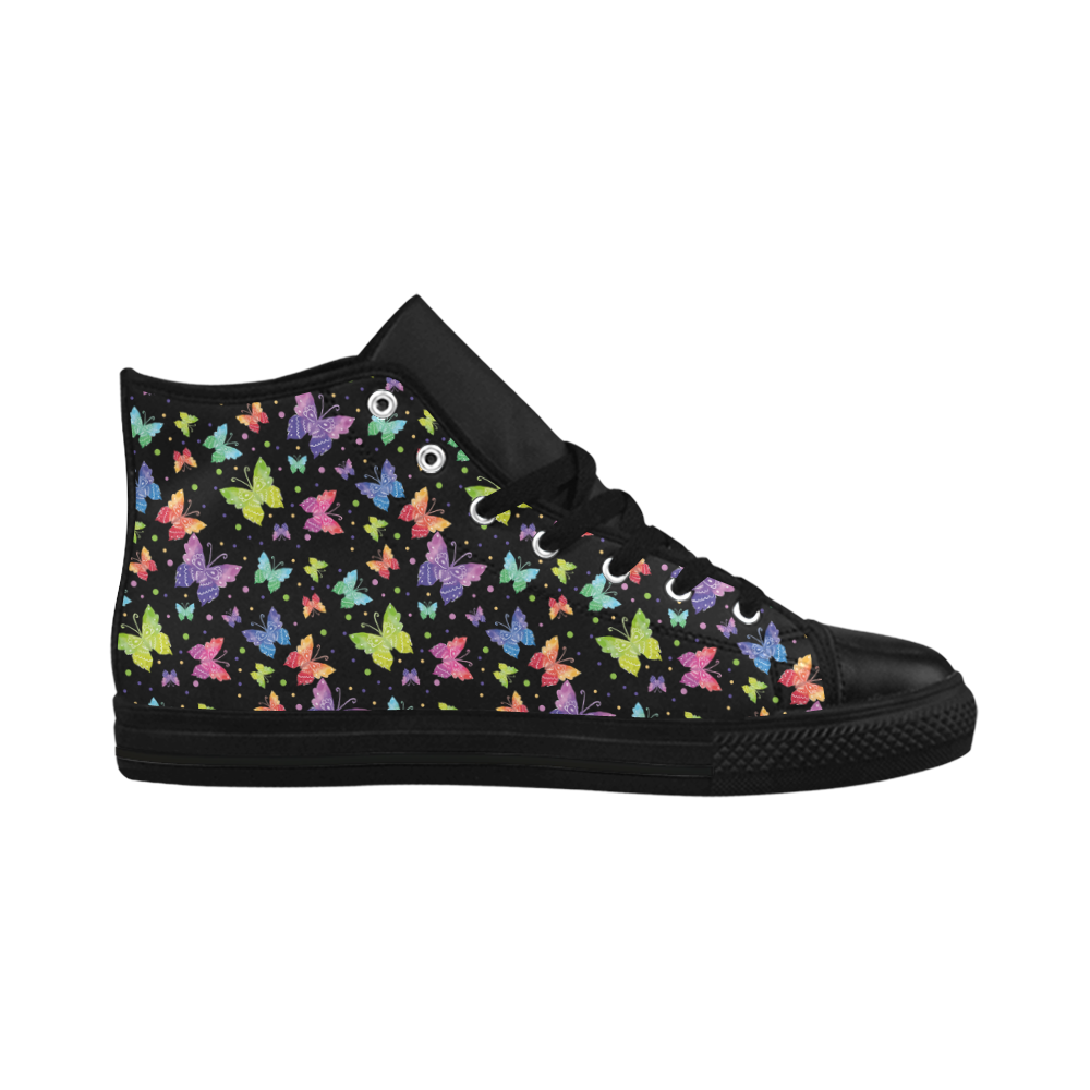 Colorful Butterflies Black Edition Aquila High Top Microfiber Leather Women's Shoes (Model 032)