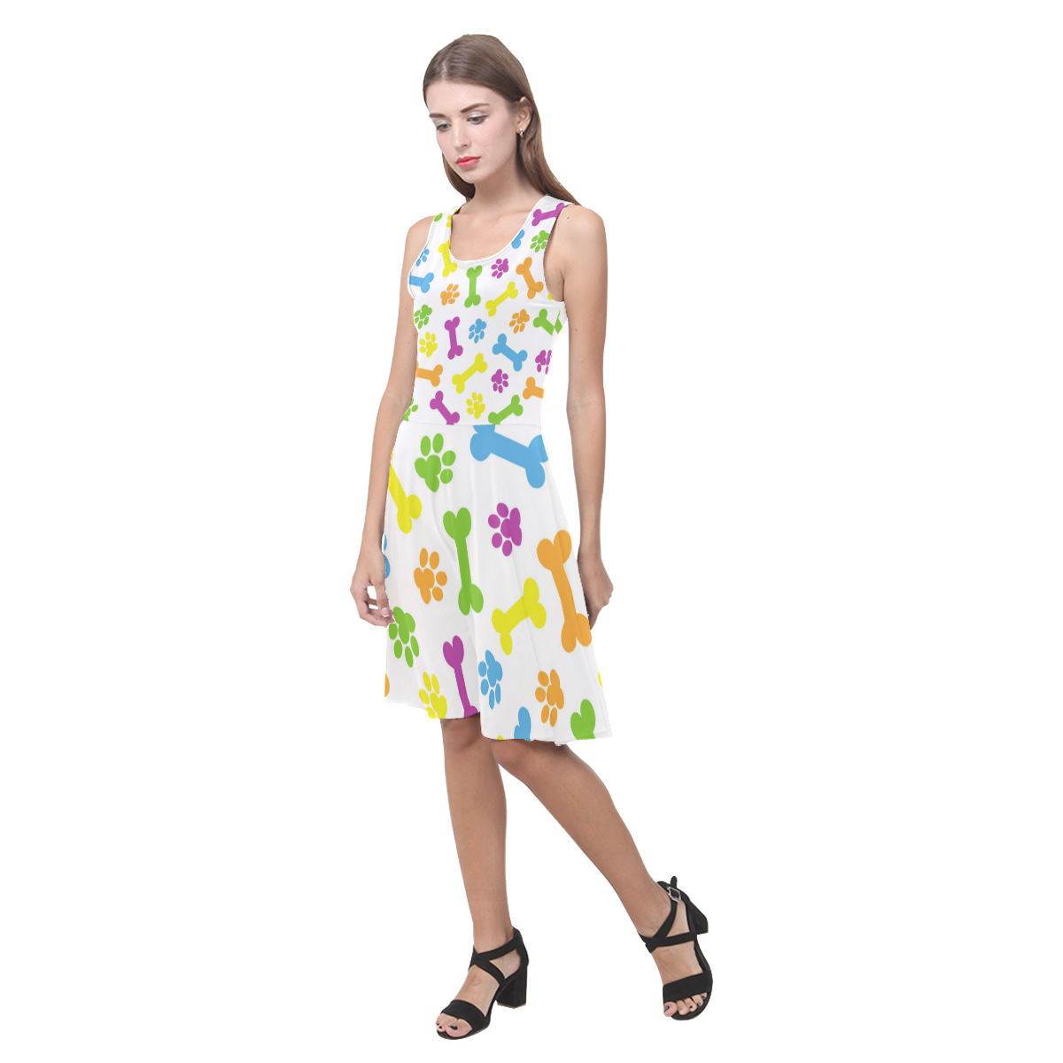 Dog Paws Bones Blue Green Yellow Atalanta Casual Sundress(Model D04)