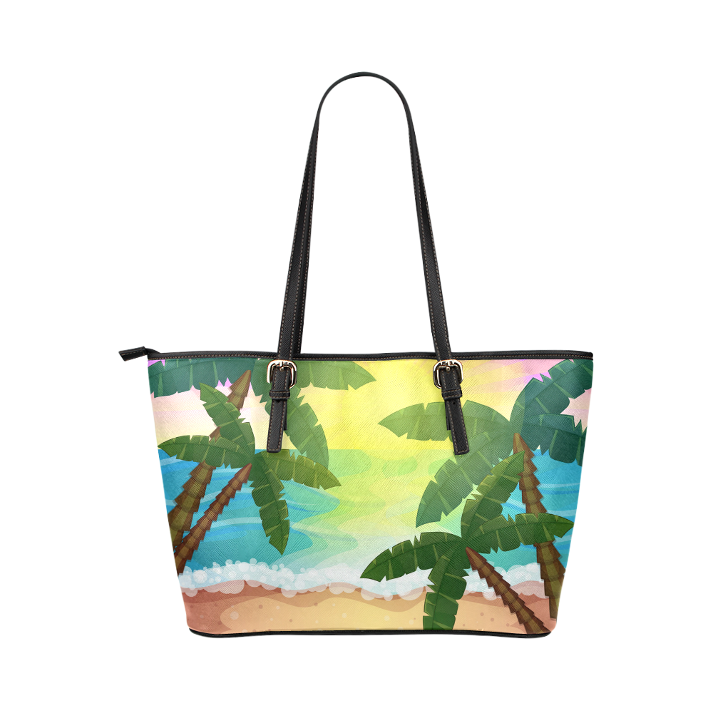 Tropical Sunset Palm Trees Beach Leather Tote Bag/Small (Model 1651)