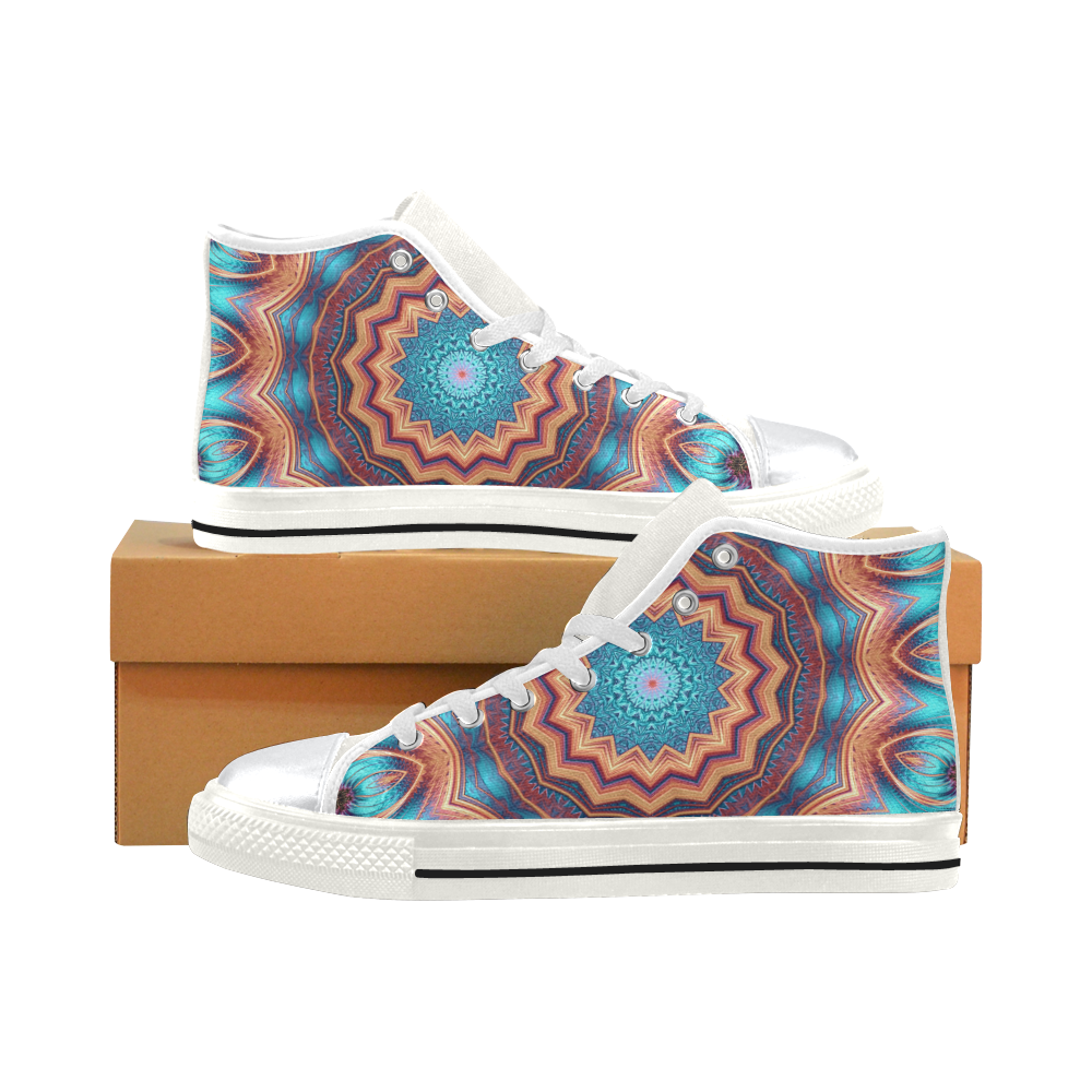 Blue Feather Mandala High Top Canvas Shoes for Kid (Model 017)