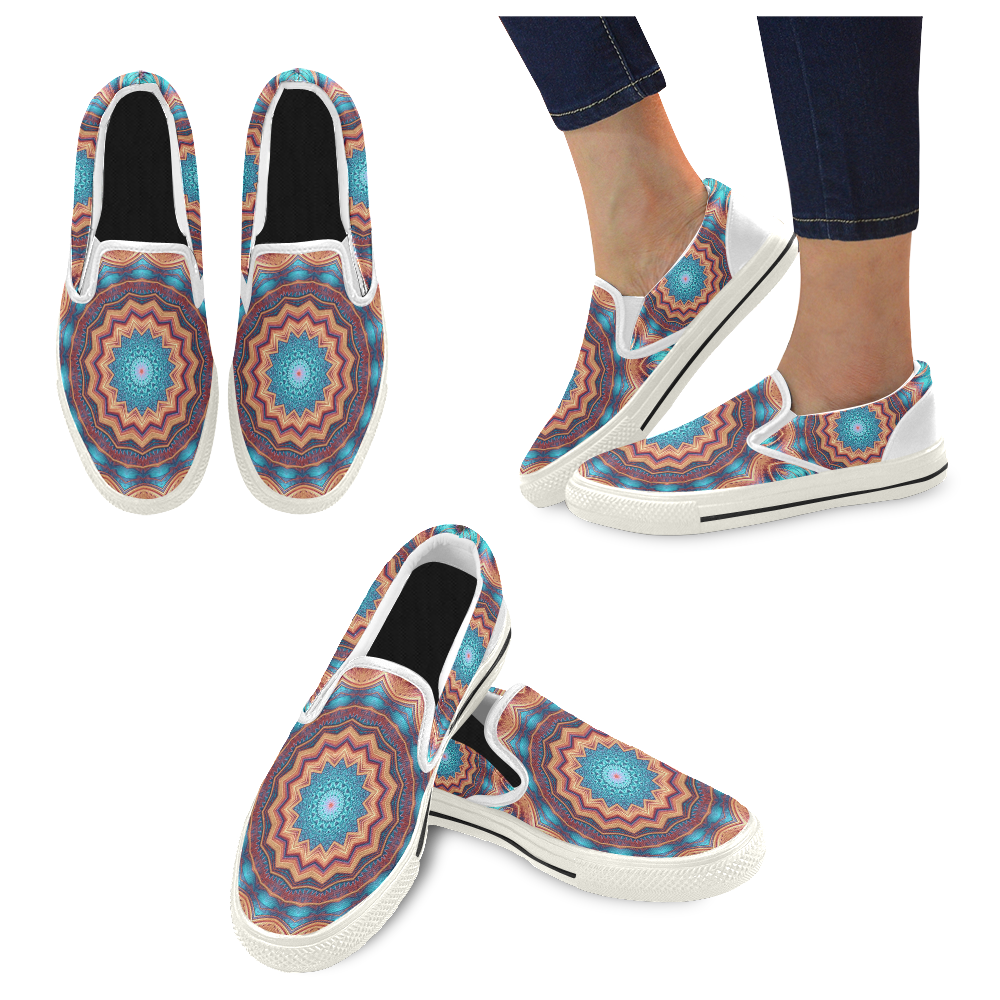 Blue Feather Mandala Women's Slip-on Canvas Shoes/Large Size (Model 019)