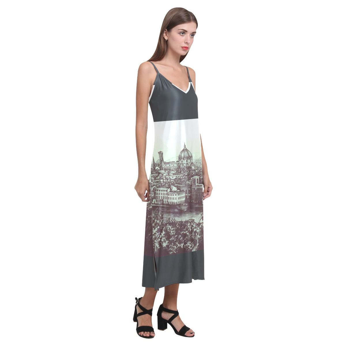 Firenze V-Neck Open Fork Long Dress(Model D18)