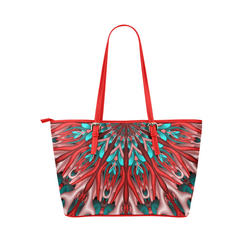 Pink teal fractal mandala Half Version Leather Tote Bag/Small (Model 1651)