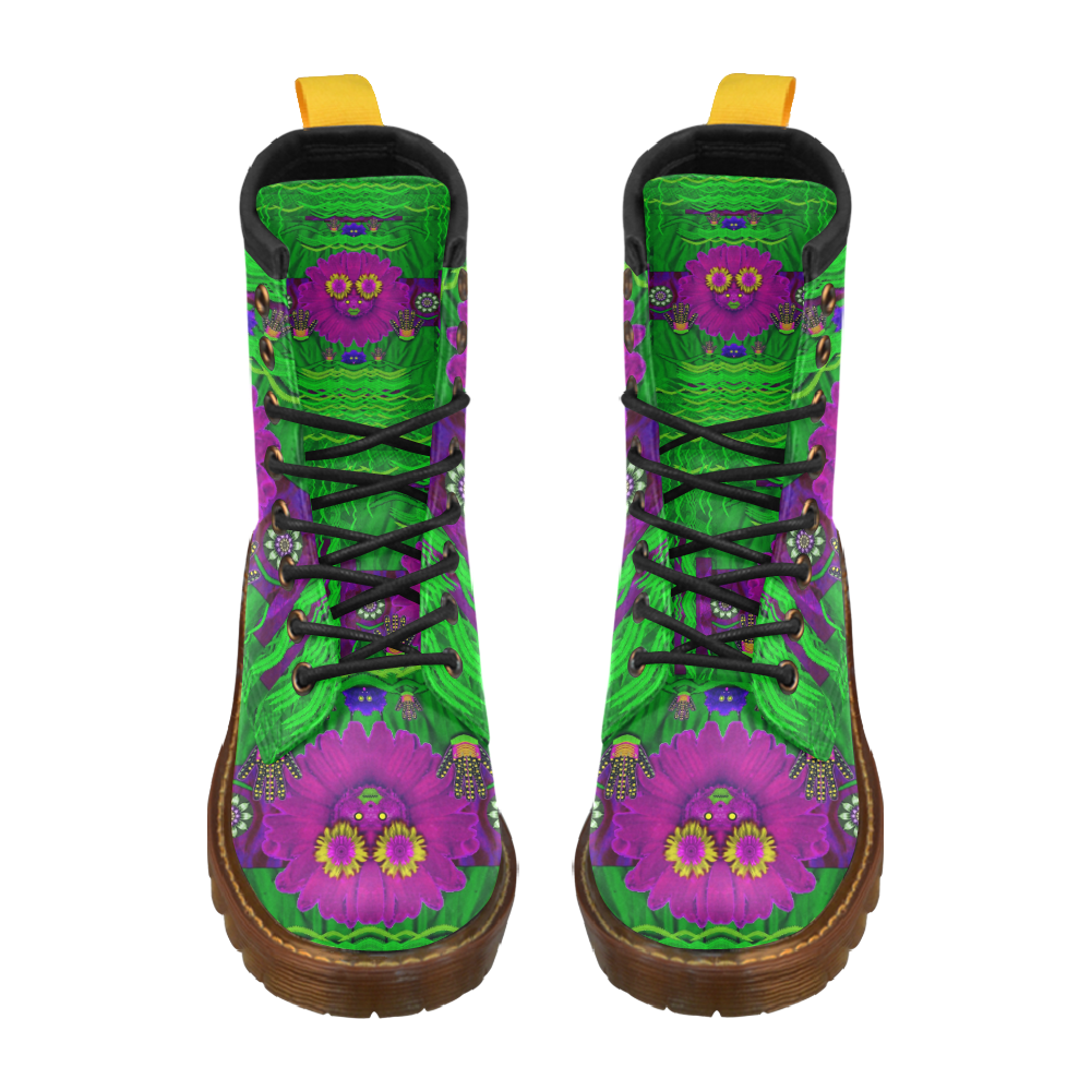 summer flower girl with pandas dancing in green High Grade PU Leather Martin Boots For Women Model 402H