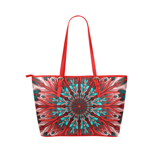 Pink teal fractal mandala Leather Tote Bag/Large (Model 1651)