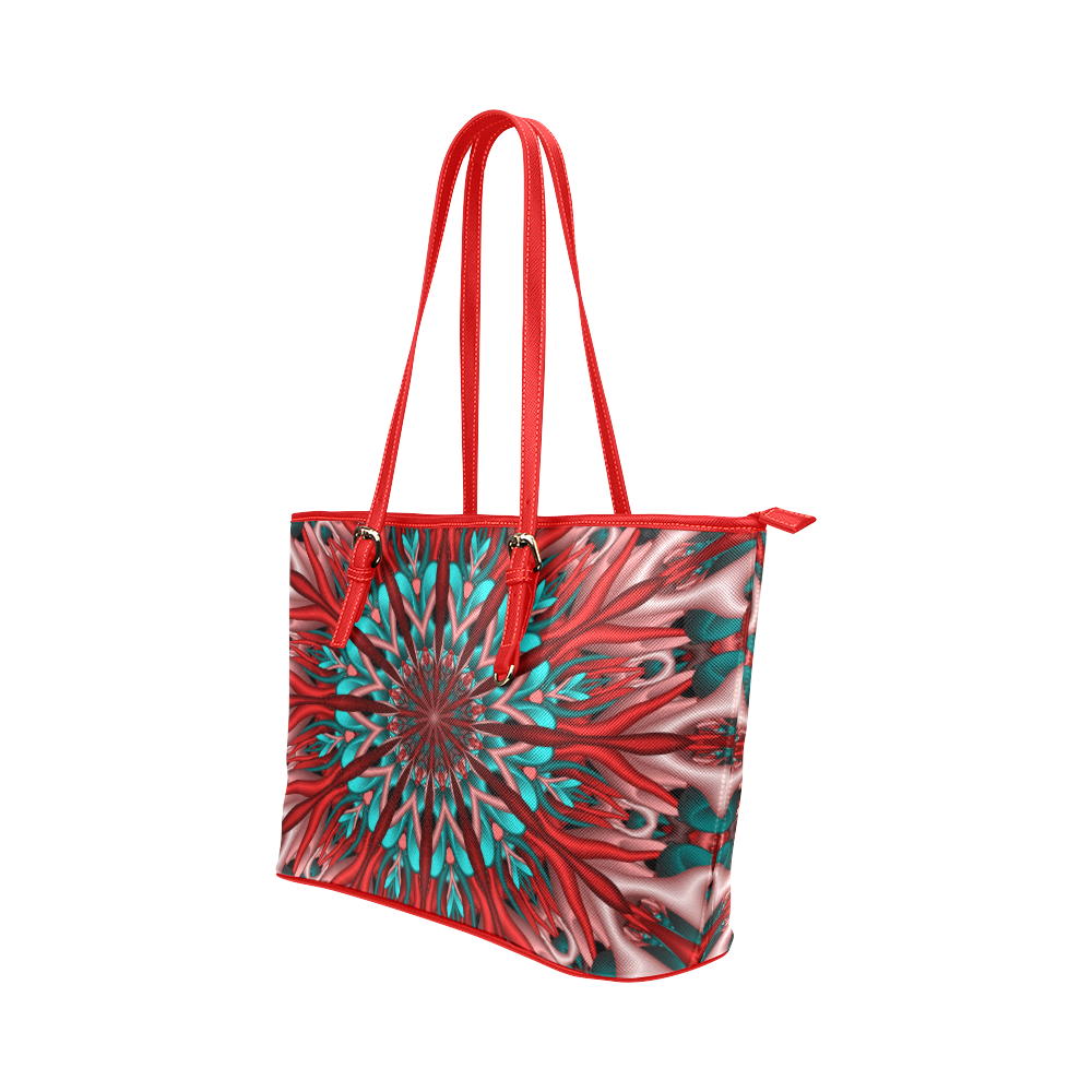 Pink teal fractal mandala Leather Tote Bag/Small (Model 1651)