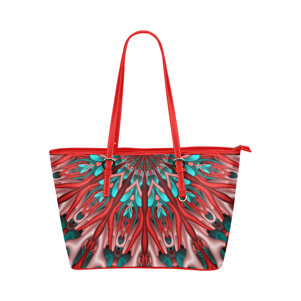 Pink teal fractal mandala Half Version Leather Tote Bag/Small (Model 1651)