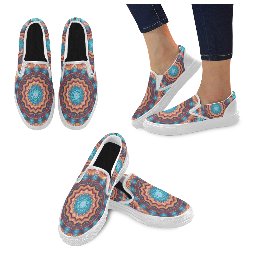 Blue Feather Mandala Women's Slip-on Canvas Shoes (Model 019)