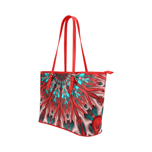 Pink teal fractal mandala Half Version Leather Tote Bag/Large (Model 1651)