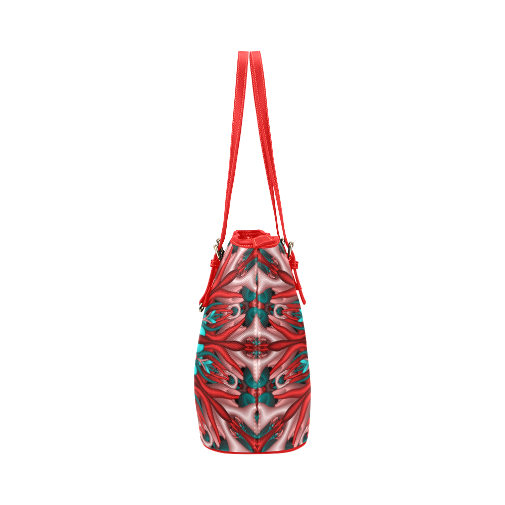 Pink teal fractal mandala Leather Tote Bag/Large (Model 1651)