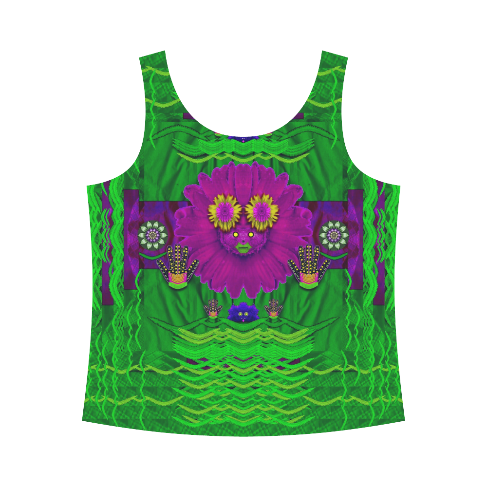 summer flower girl with pandas dancing in green All Over Print Tank Top for Women (Model T43)