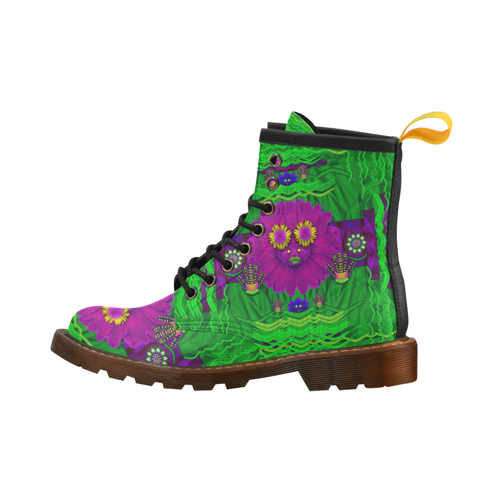 summer flower girl with pandas dancing in green High Grade PU Leather Martin Boots For Women Model 402H