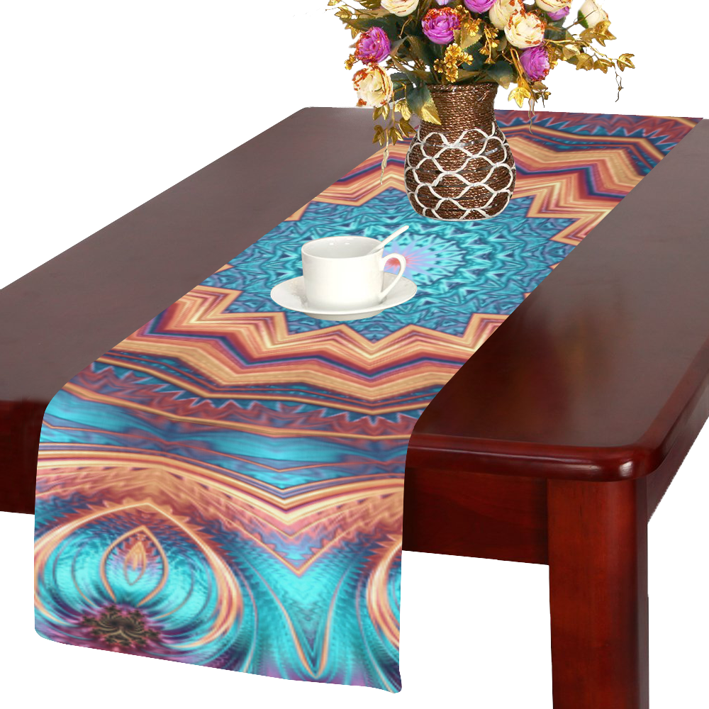 Blue Feather Mandala Table Runner 14x72 inch