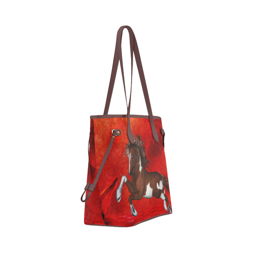 Wild horse on red background Clover Canvas Tote Bag (Model 1661)