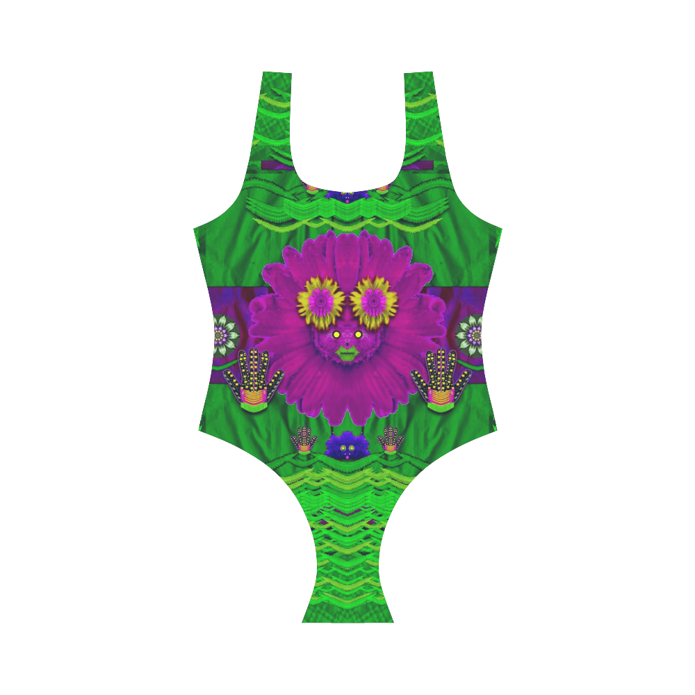 summer flower girl with pandas dancing in green Vest One Piece Swimsuit (Model S04)
