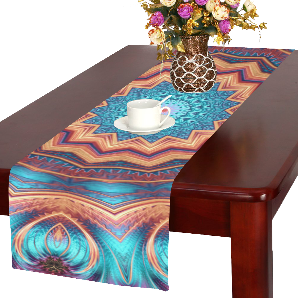 Blue Feather Mandala Table Runner 16x72 inch