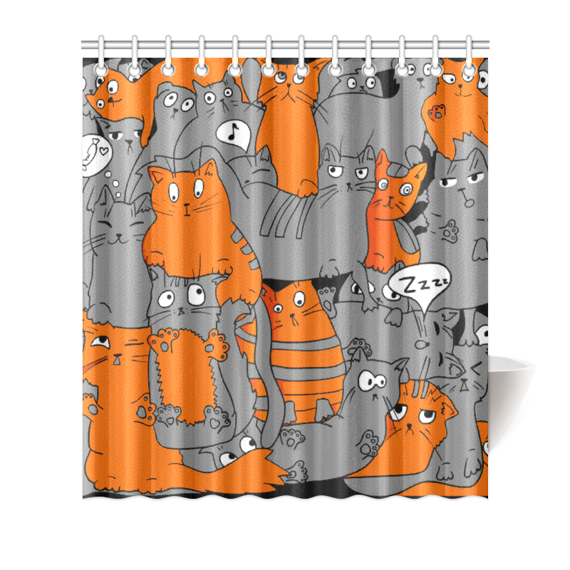 Funny Cats Cartoon Red Black Shower Curtain 66"x72"