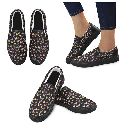 Watercolor Butterflies Black Edition Women's Slip-on Canvas Shoes (Model 019)