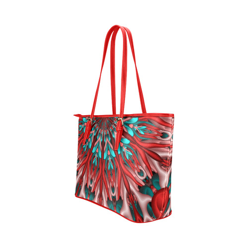 Pink teal fractal mandala Half Version Leather Tote Bag/Large (Model 1651)