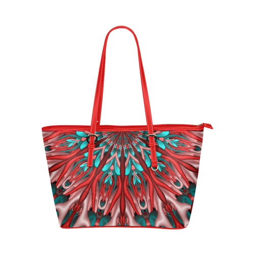 Pink teal fractal mandala Half Version Leather Tote Bag/Large (Model 1651)