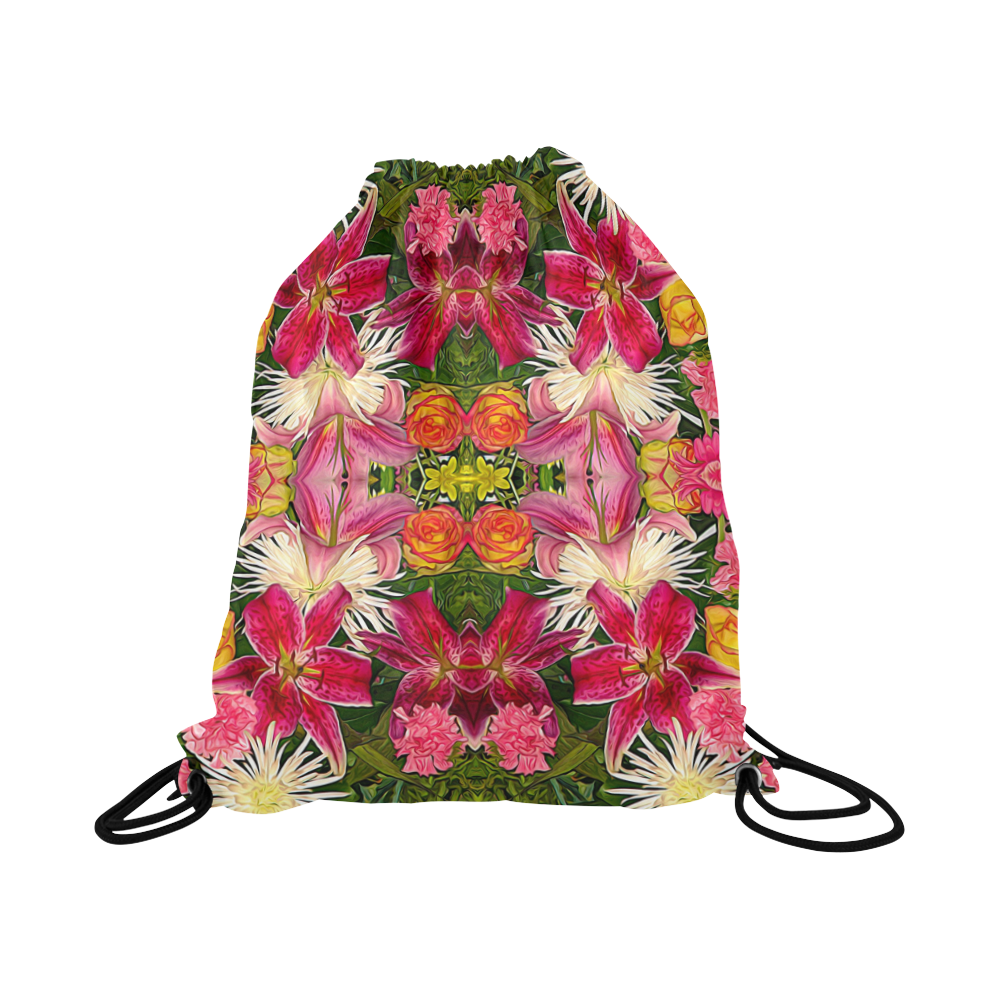 Lilies Dahlias Roses Daisy Flowers Bouquet Large Drawstring Bag Model 1604 (Twin Sides)  16.5"(W) * 19.3"(H)