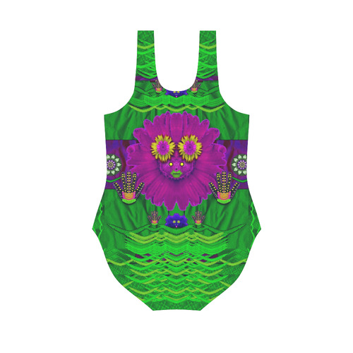 summer flower girl with pandas dancing in green Vest One Piece Swimsuit (Model S04)